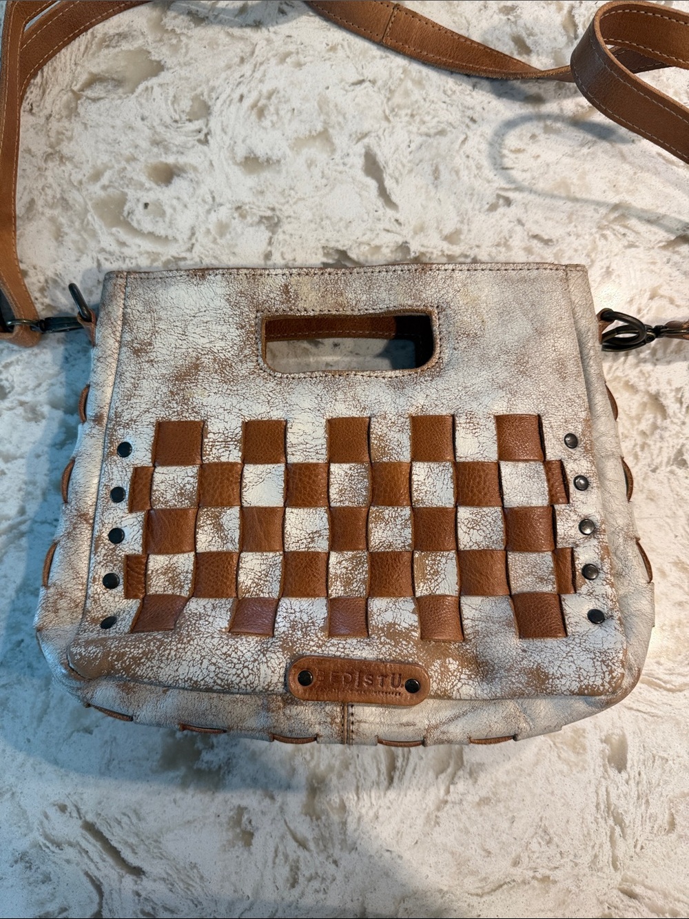 Bed Stu Brown and Cream Woven Leather Shoulder Bag